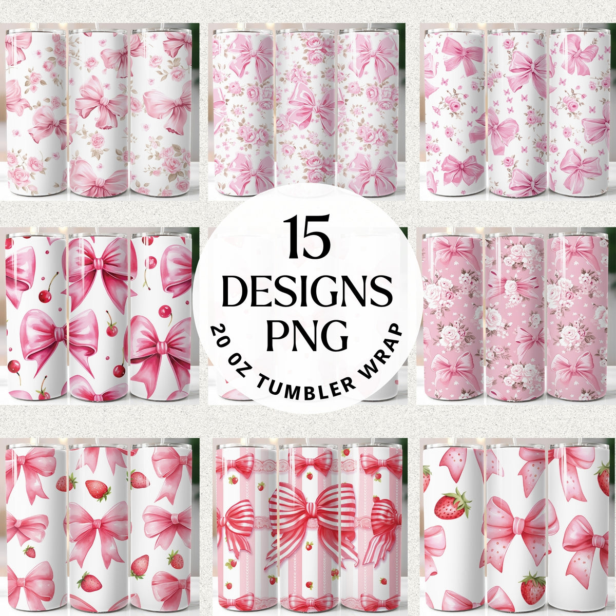 Preview of 15 pink bow and floral coquette 20 oz tumbler wrap PNG designs for sublimation