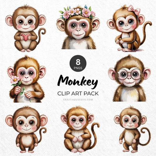 Monkey Clipart Pack Sublimation Bundle PNG