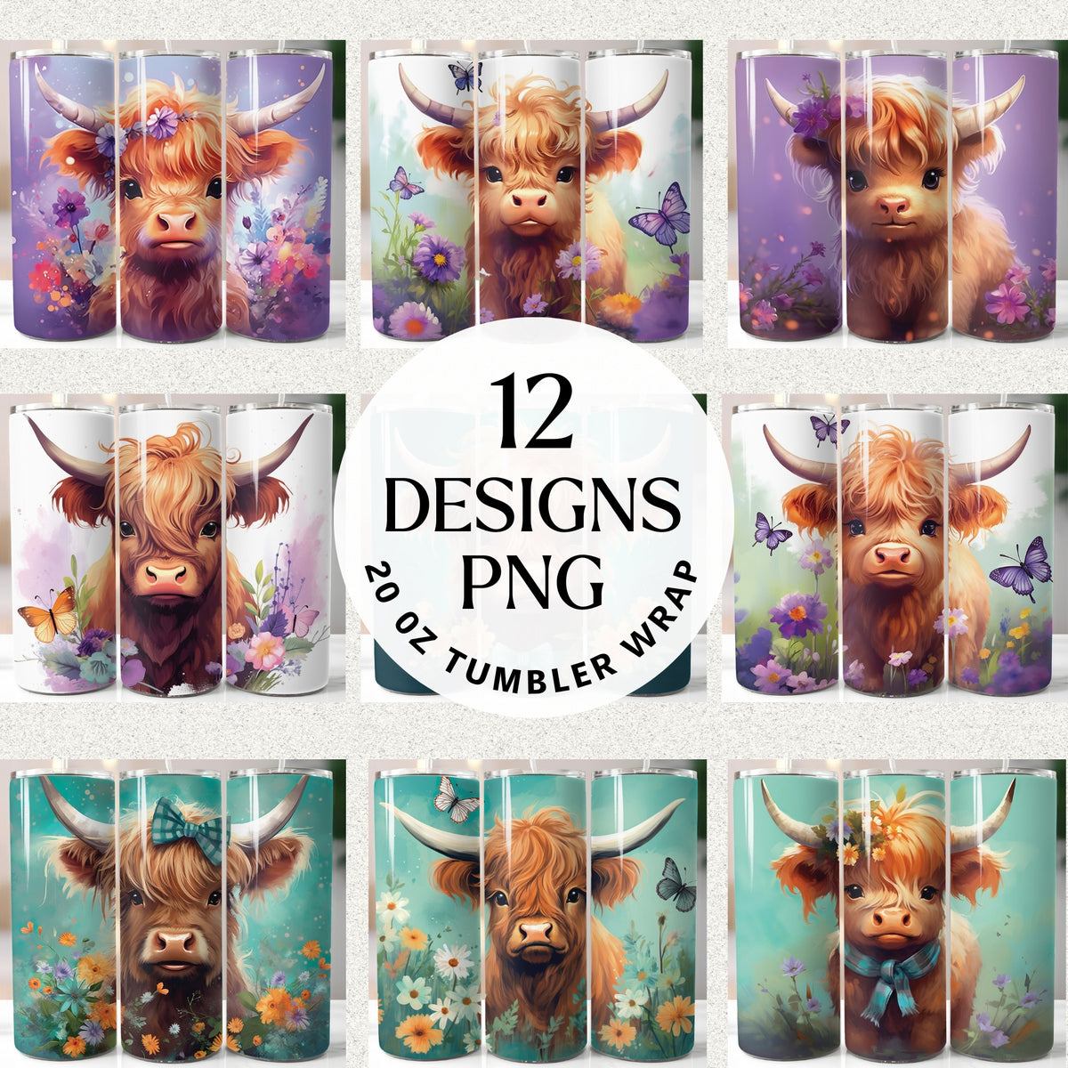 Spring Highland cow 20 oz tumbler wrap bundle with 12 PNG designs featuring cute calves, flowers, and butterflies on pastel backgrounds.