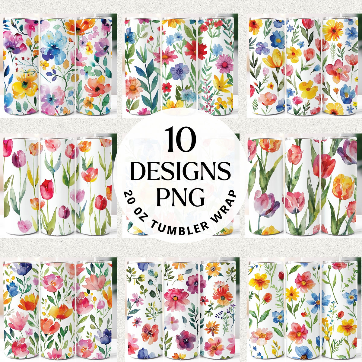 Watercolor spring flower 20 oz tumbler wrap sublimation bundle with 10 PNG floral designs