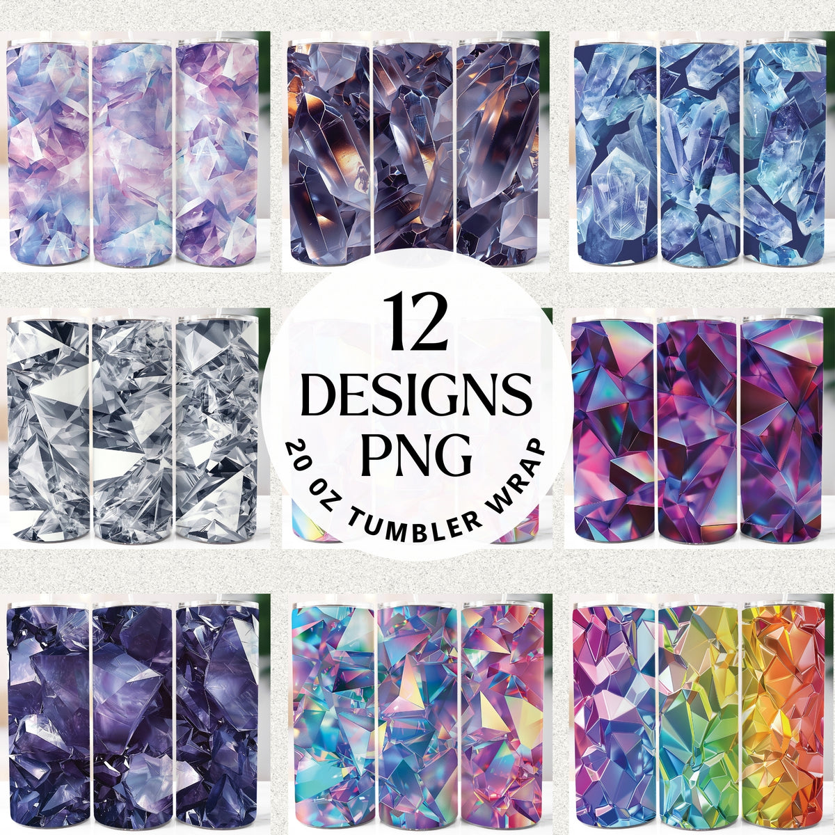 Crystal 20 oz tumbler wrap sublimation PNG bundle featuring 12 faceted gemstone designs in assorted colors