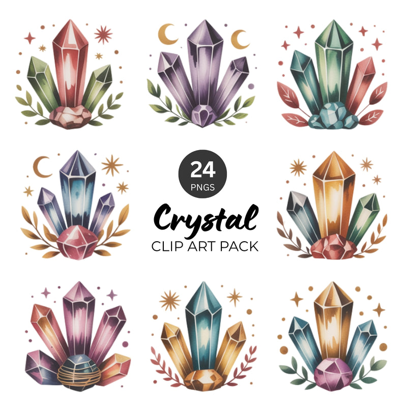 Crystal PNG Clipart Pack - 24 Watercolor Gem Clusters