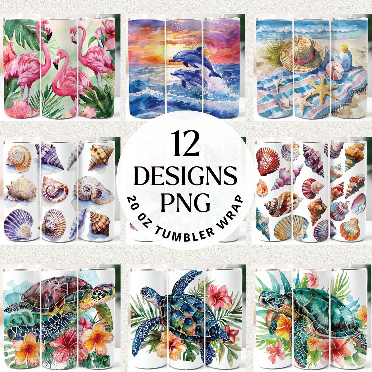 Preview of a beach-themed 20 oz tumbler wrap PNG bundle with watercolor flamingos, dolphins, seashells, and sea turtles — 12 designs