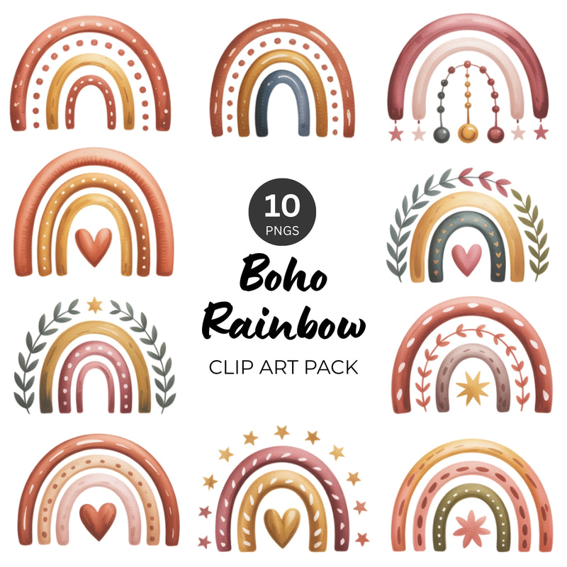Boho Rainbow PNG Clipart Bundle – 10 Designs
