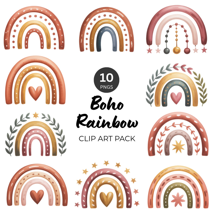 Boho rainbow PNG clipart bundle featuring 10 earthy rainbows with hearts, stars, and leaves in terracotta and mustard tones