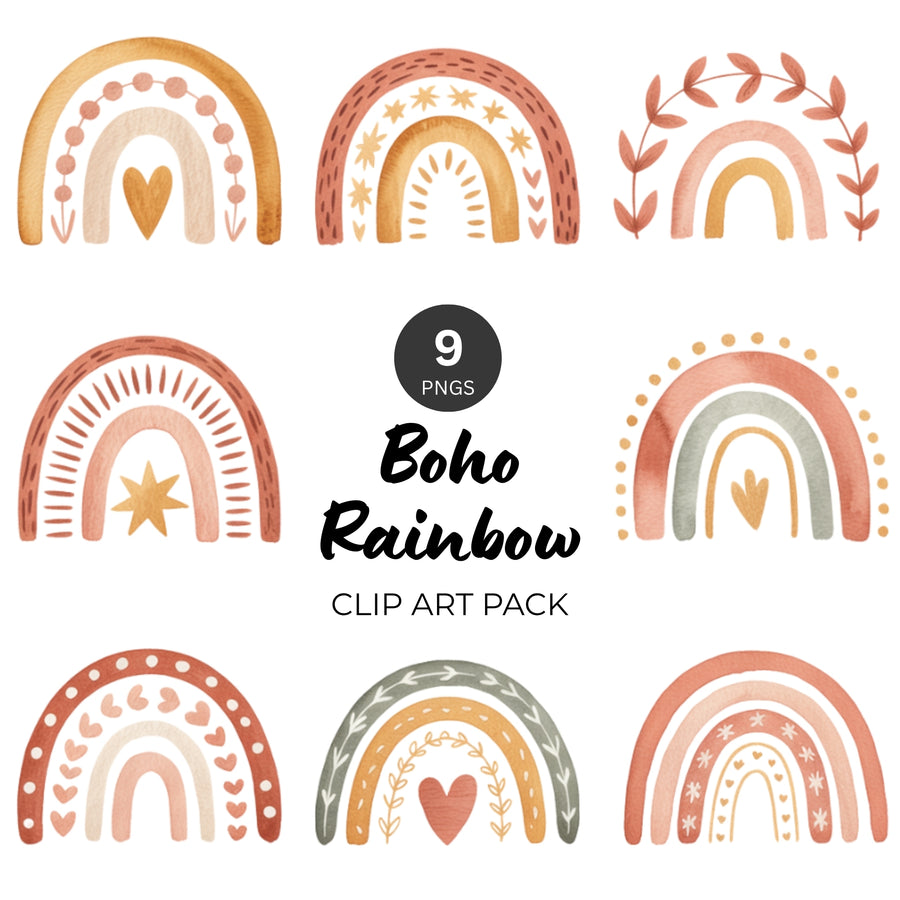 Boho rainbow PNG clipart pack featuring 9 earthy hand-drawn rainbows with hearts, stars, and leaves