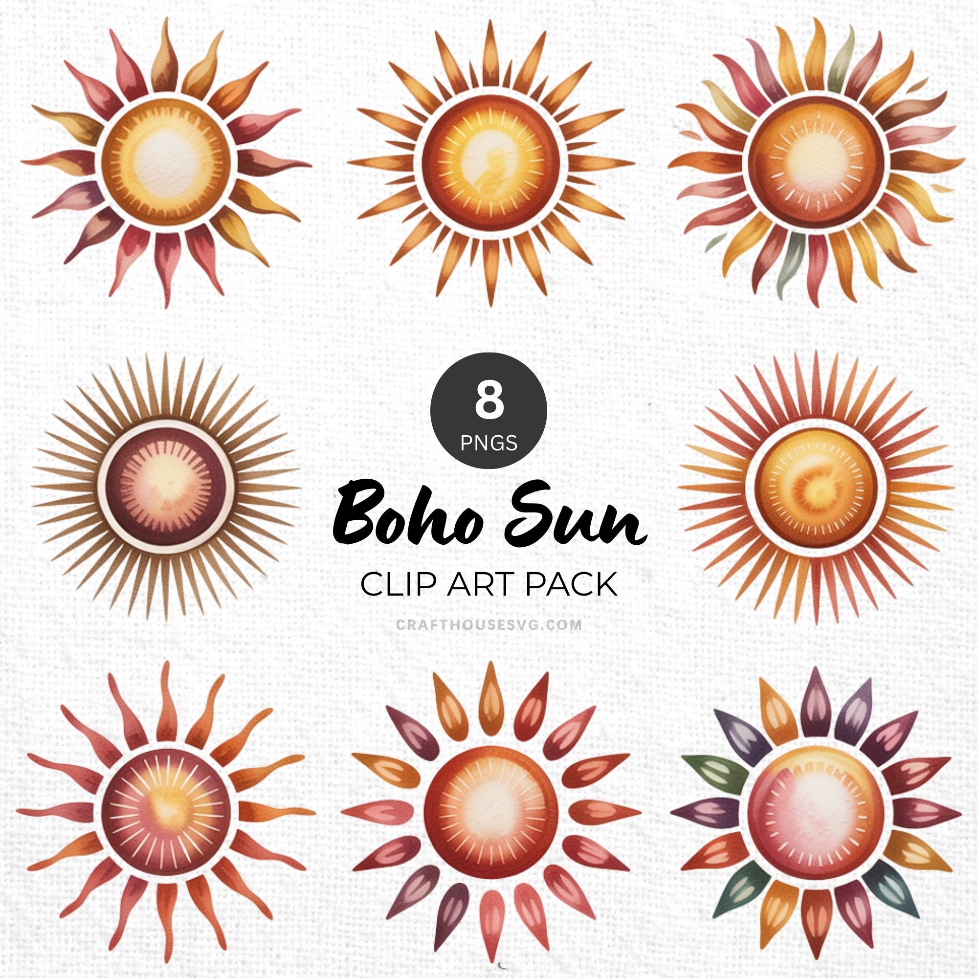 Boho Sun Clipart Pack Sublimation Bundle PNG - Craft House SVG