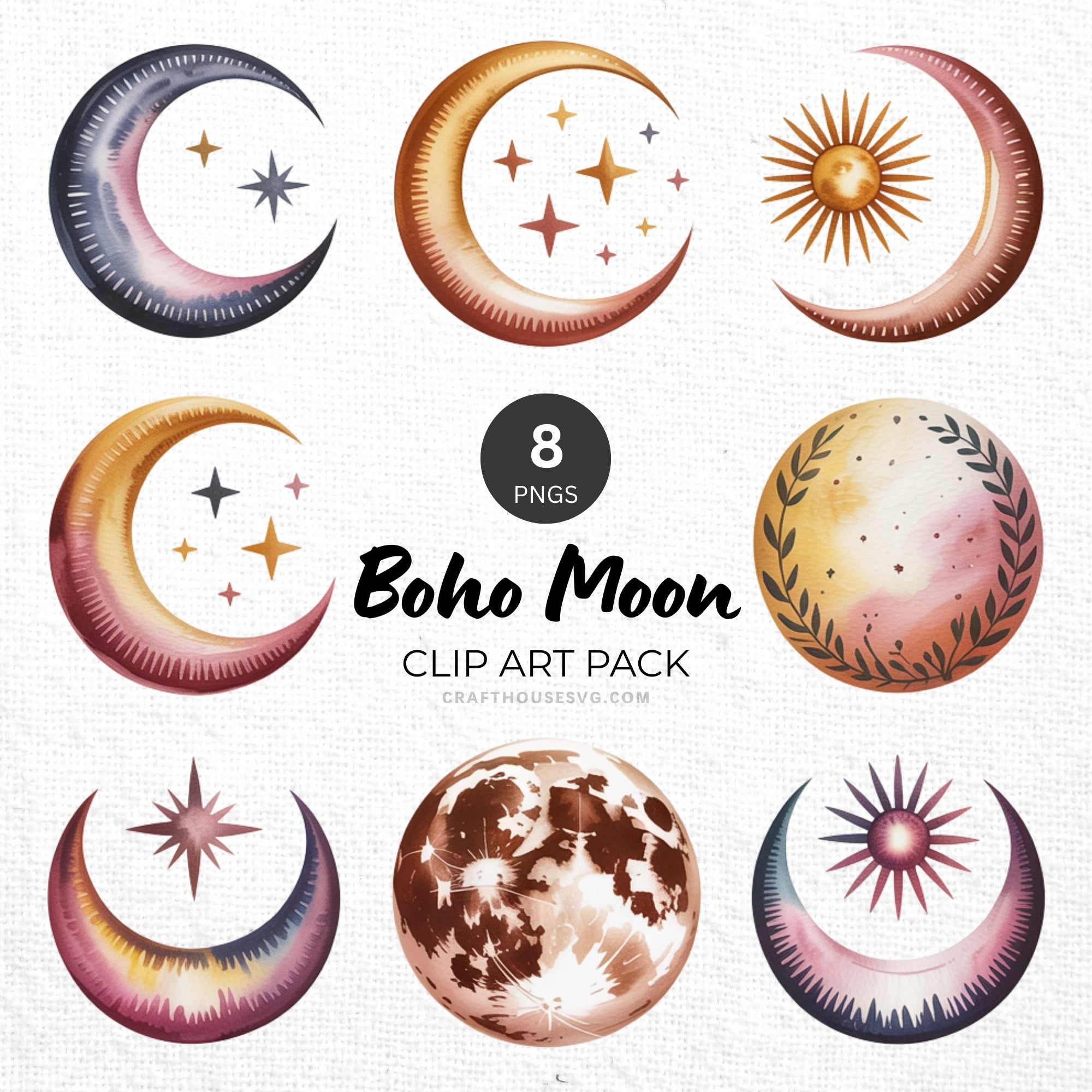 Boho Moon Clipart Pack Sublimation Bundle PNG - Craft House SVG