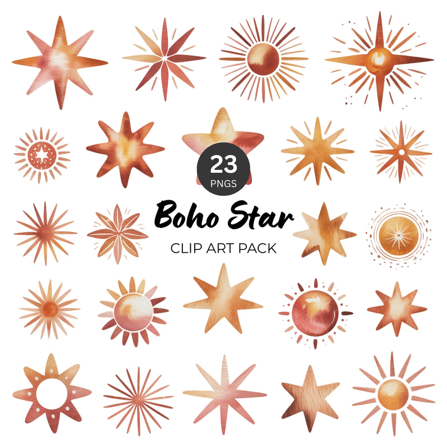 Boho star PNG clipart bundle featuring 23 terracotta celestial star and sunburst designs on white