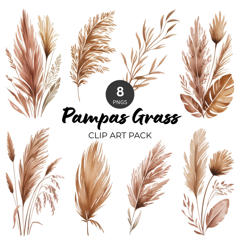 Pampas Grass PNG Clipart Pack – 8 Watercolor Elements