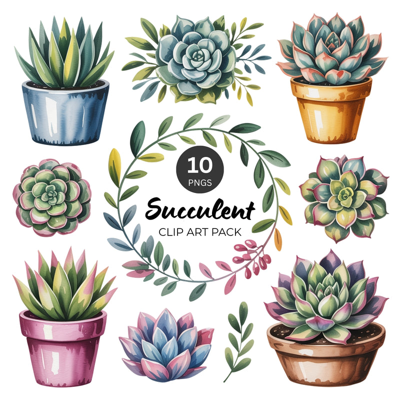 Succulent PNG Clipart Bundle – 10 Watercolor Plants