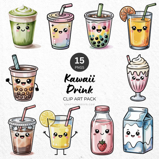 Kawaii Drink Clipart Pack Sublimation Bundle PNG