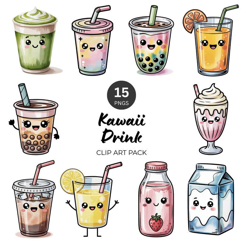 Kawaii Drink PNG Clipart Pack – 15 Cute Beverages