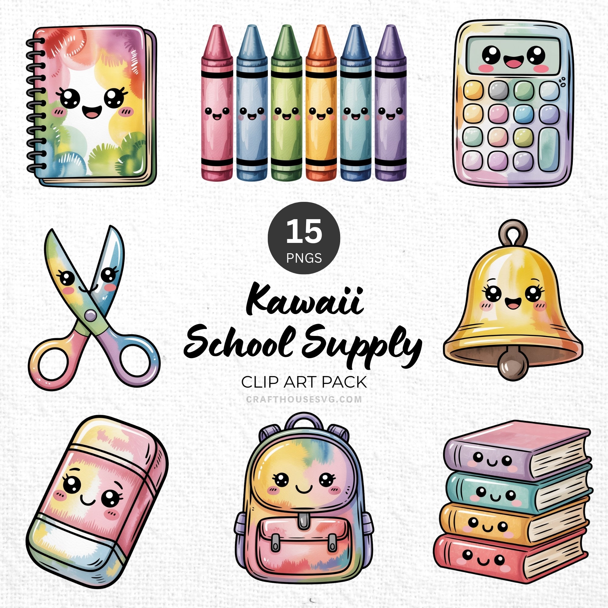 Kawaii School Supply Clipart Pack Sublimation Bundle PNG - Craft House SVG