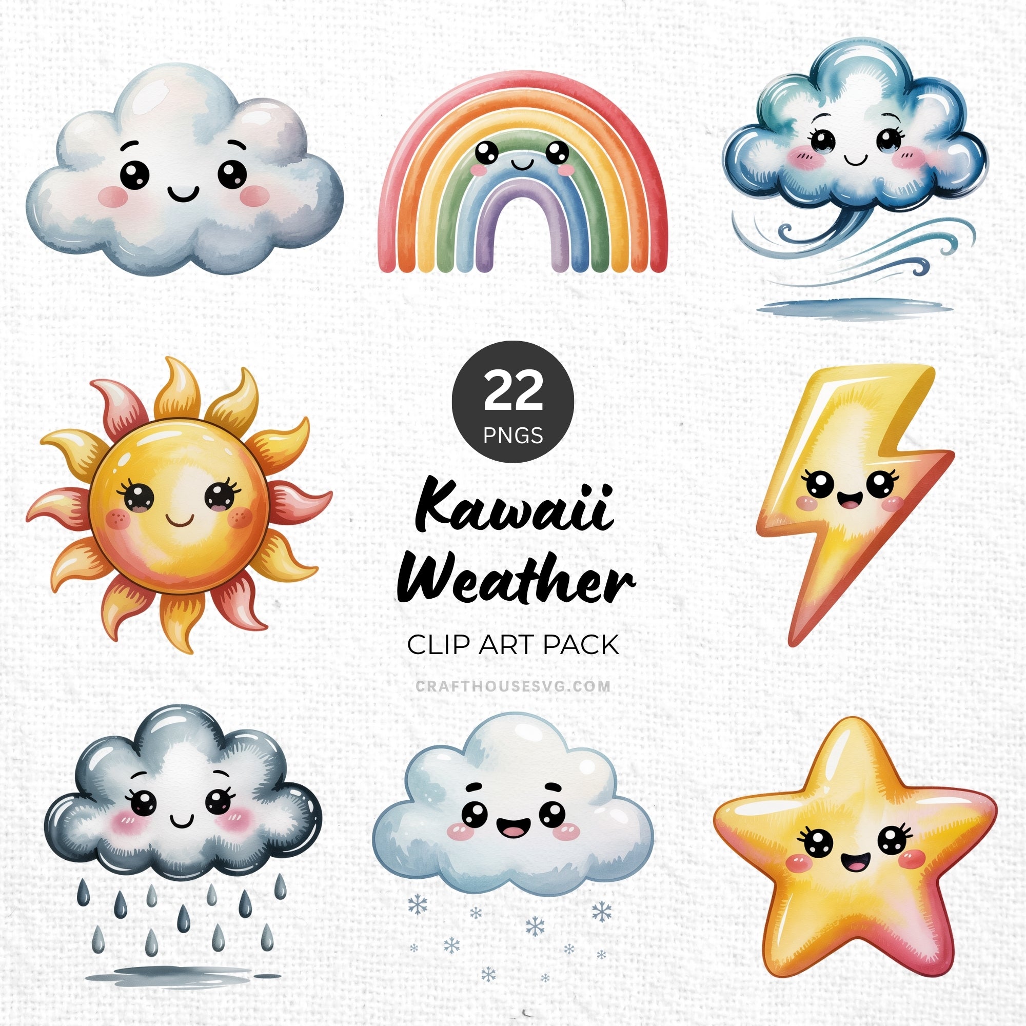 Kawaii Weather Clipart Pack Sublimation Bundle PNG