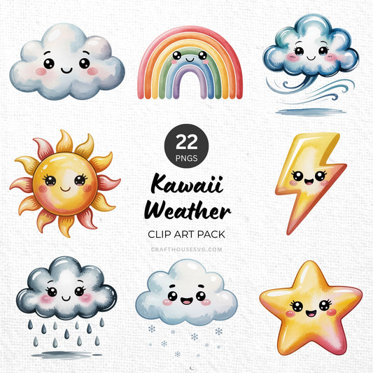 Kawaii Weather Clipart Pack Sublimation Bundle PNG