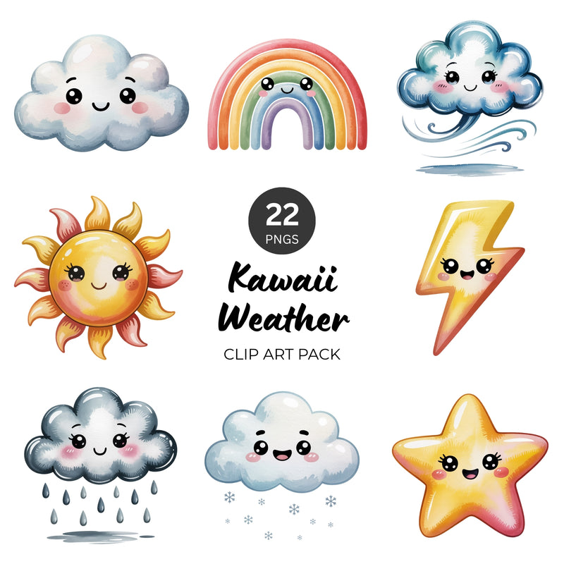 Kawaii Weather PNG Clipart Pack – 22 Cute Graphics