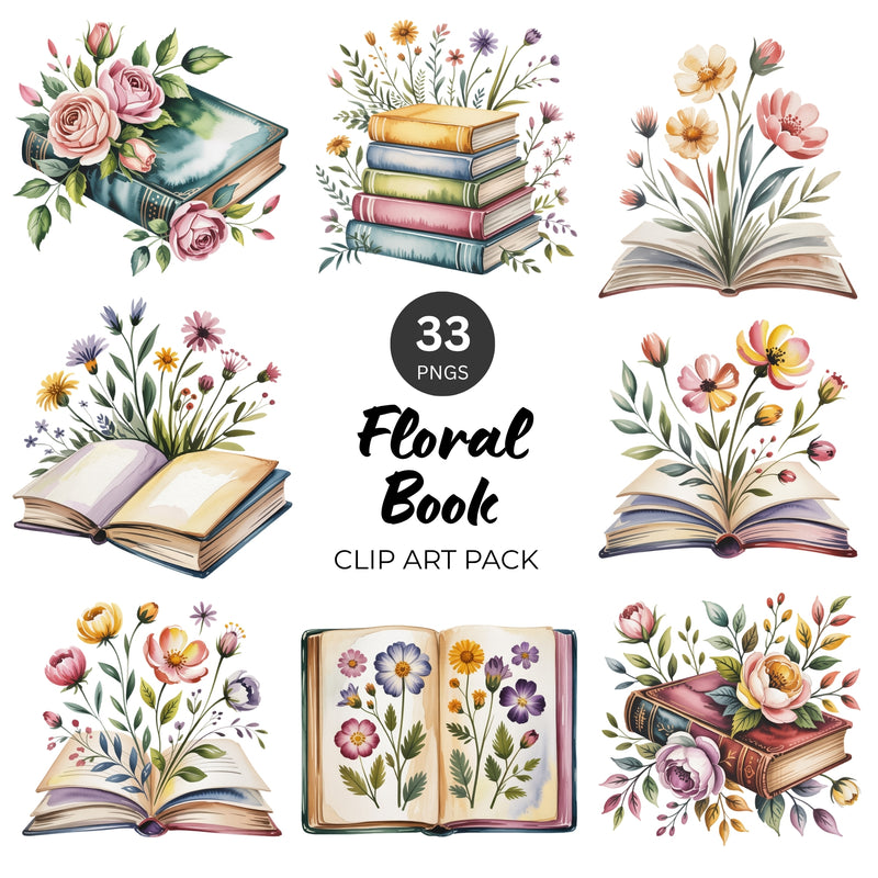 Floral Book PNG Clipart Bundle – 33 Watercolor Graphics