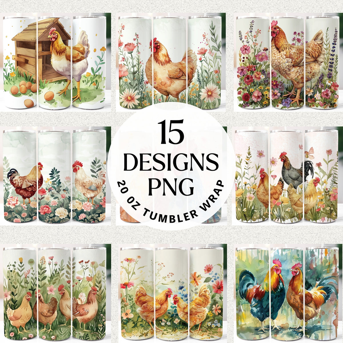 Chicken and rooster 20 oz tumbler wrap PNG bundle featuring 15 watercolor farmhouse floral designs