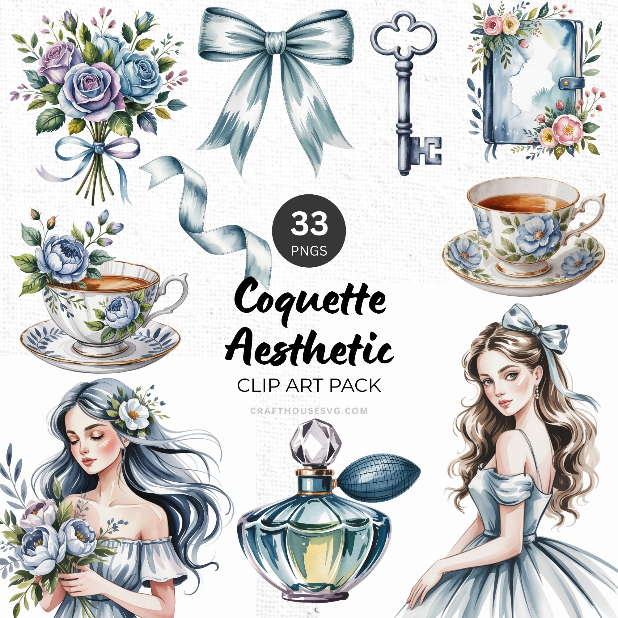 Blue Coquette Aesthetic Clipart Pack Sublimation Bundle PNG