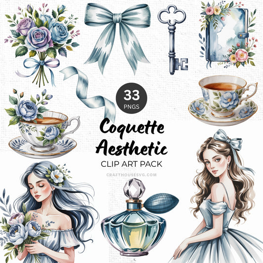 Blue Coquette Aesthetic Clipart Pack Sublimation Bundle PNG