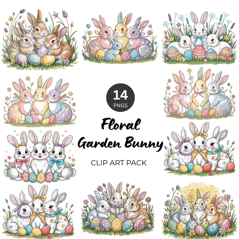 Floral Garden Bunny PNG Clipart Pack
