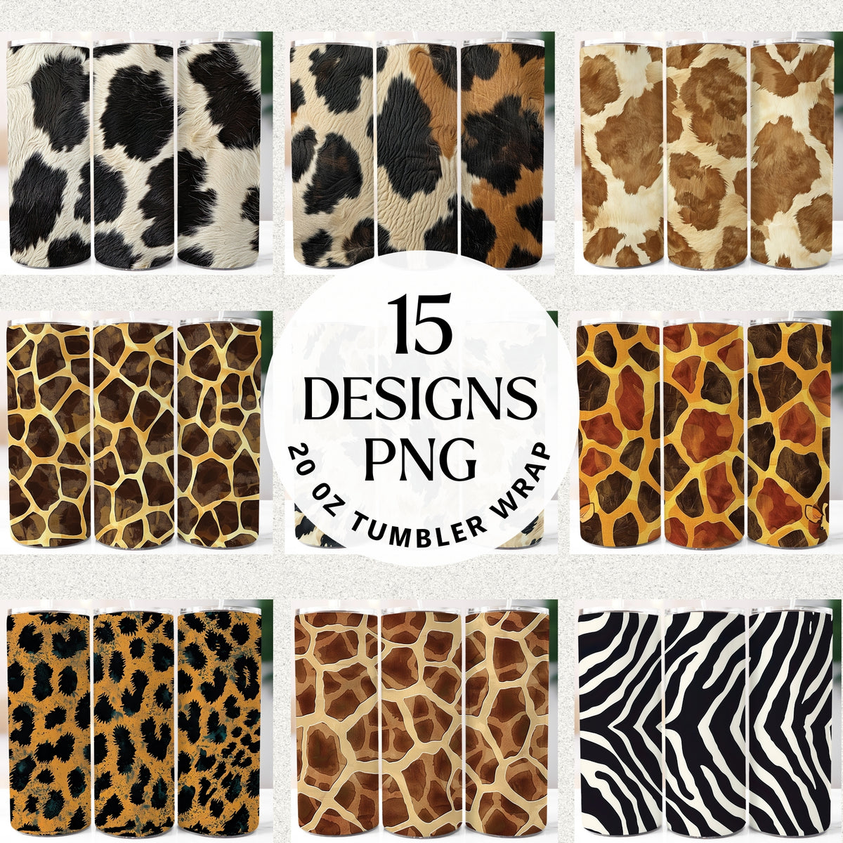 Animal print 20 oz tumbler wrap sublimation bundle with cowhide, giraffe, leopard and zebra patterns, 15 PNG designs.