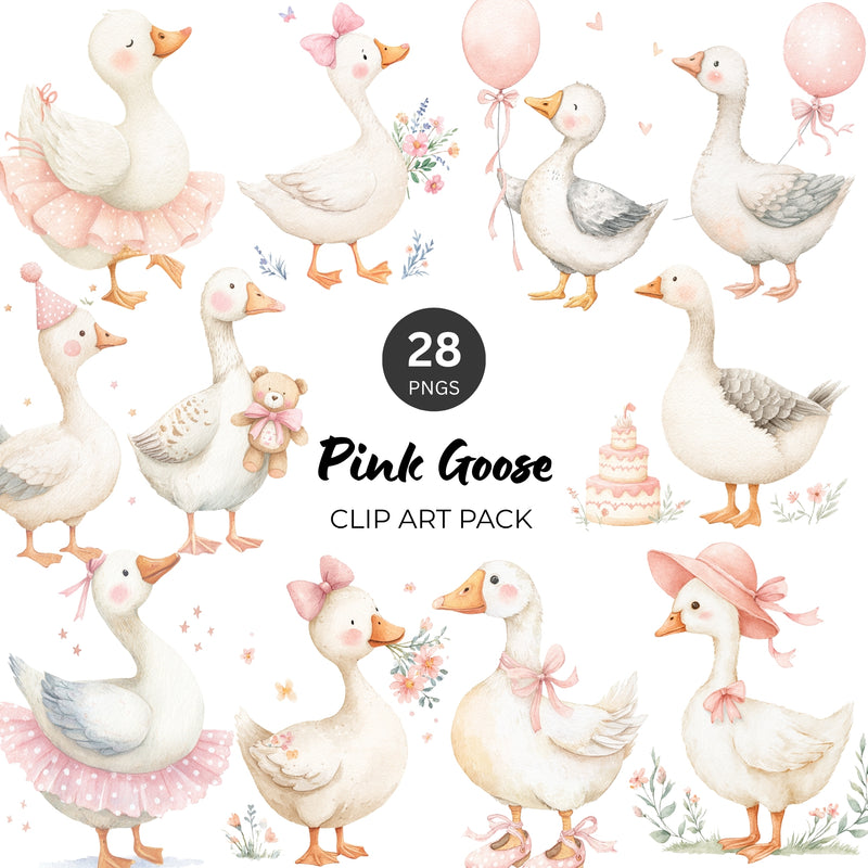 Pink Goose Watercolor PNG Clipart Pack