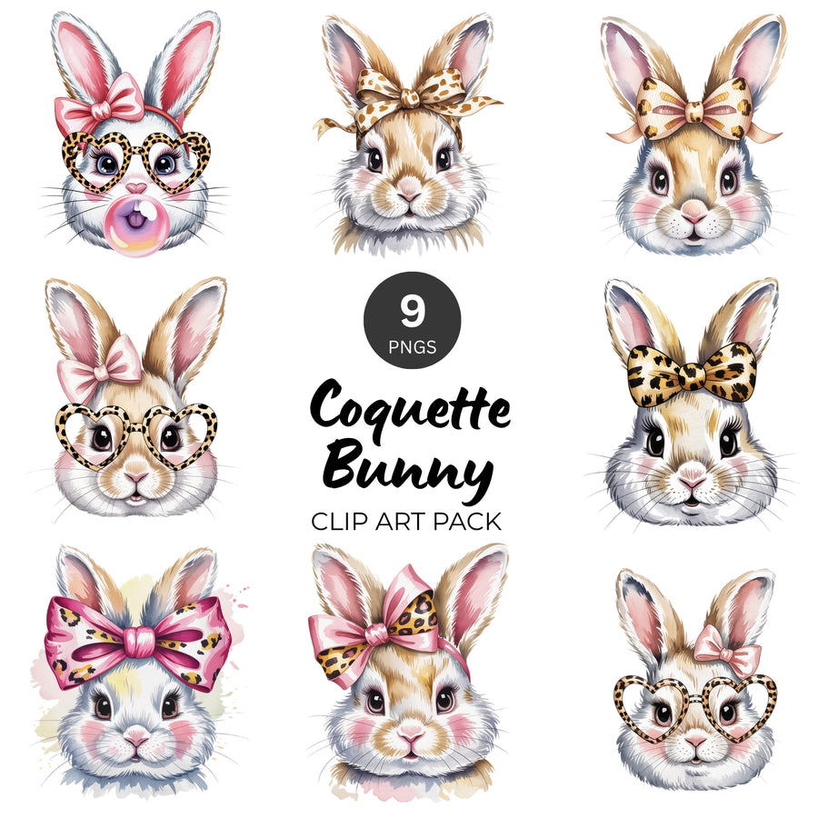 Coquette Bunny PNG clipart pack featuring nine cute bunny faces with bows, heart glasses, and leopard print accents