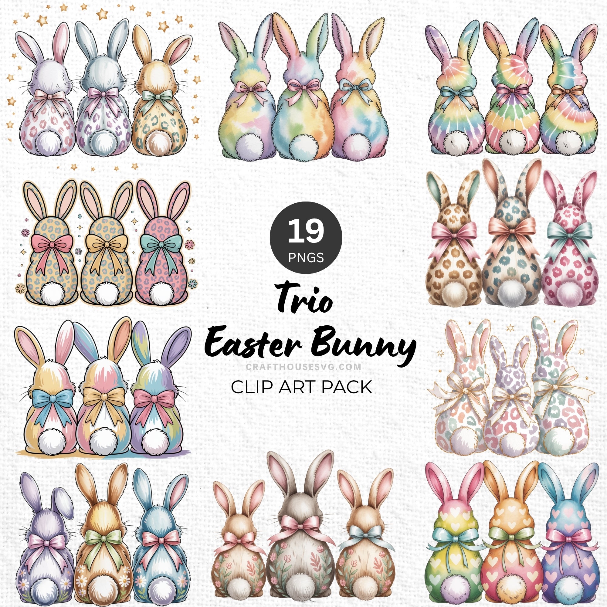 Pattern Easter Bunny Trio Clipart Pack Sublimation Bundle PNG