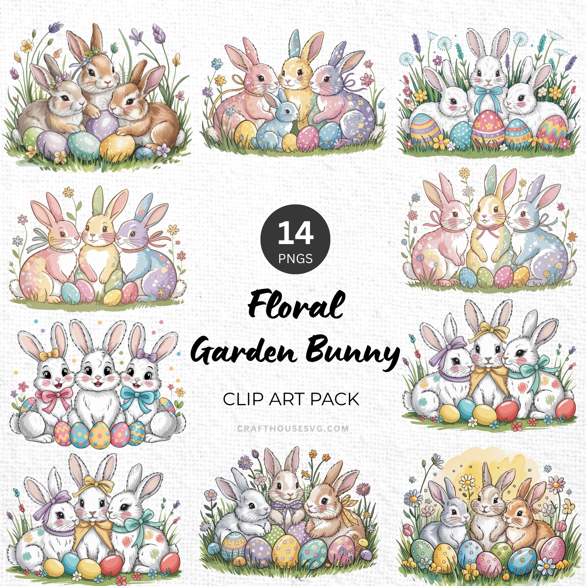 Floral Garden Bunny Clipart Pack Sublimation Bundle PNG