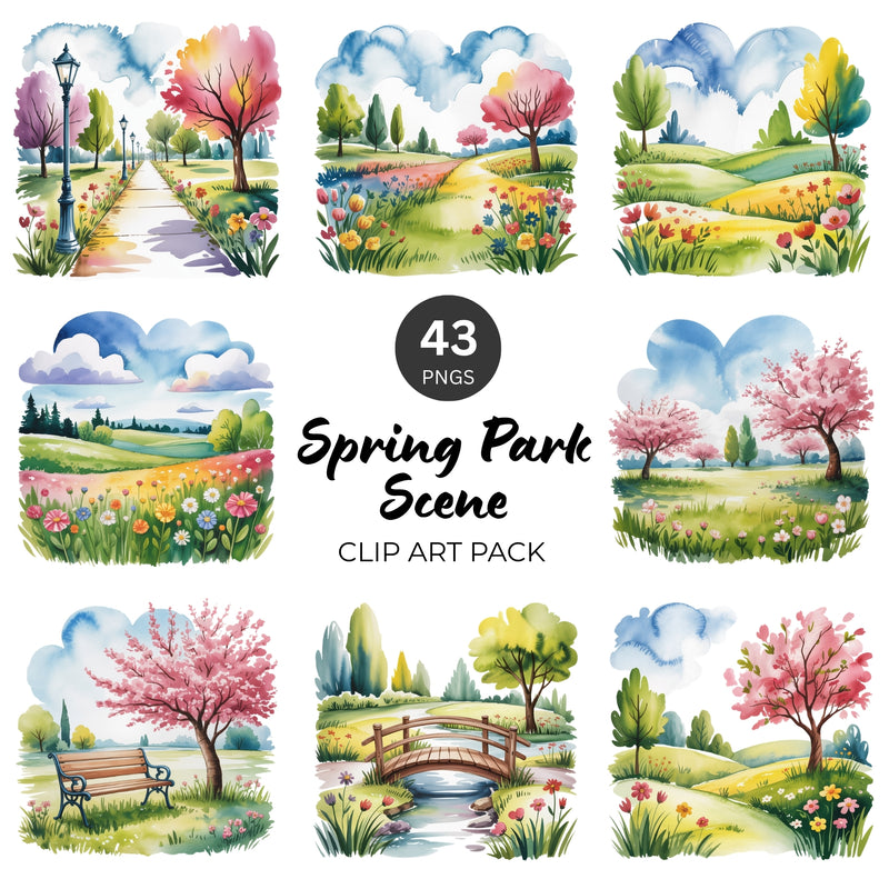 Spring Park Scene Watercolor PNG Clipart Pack