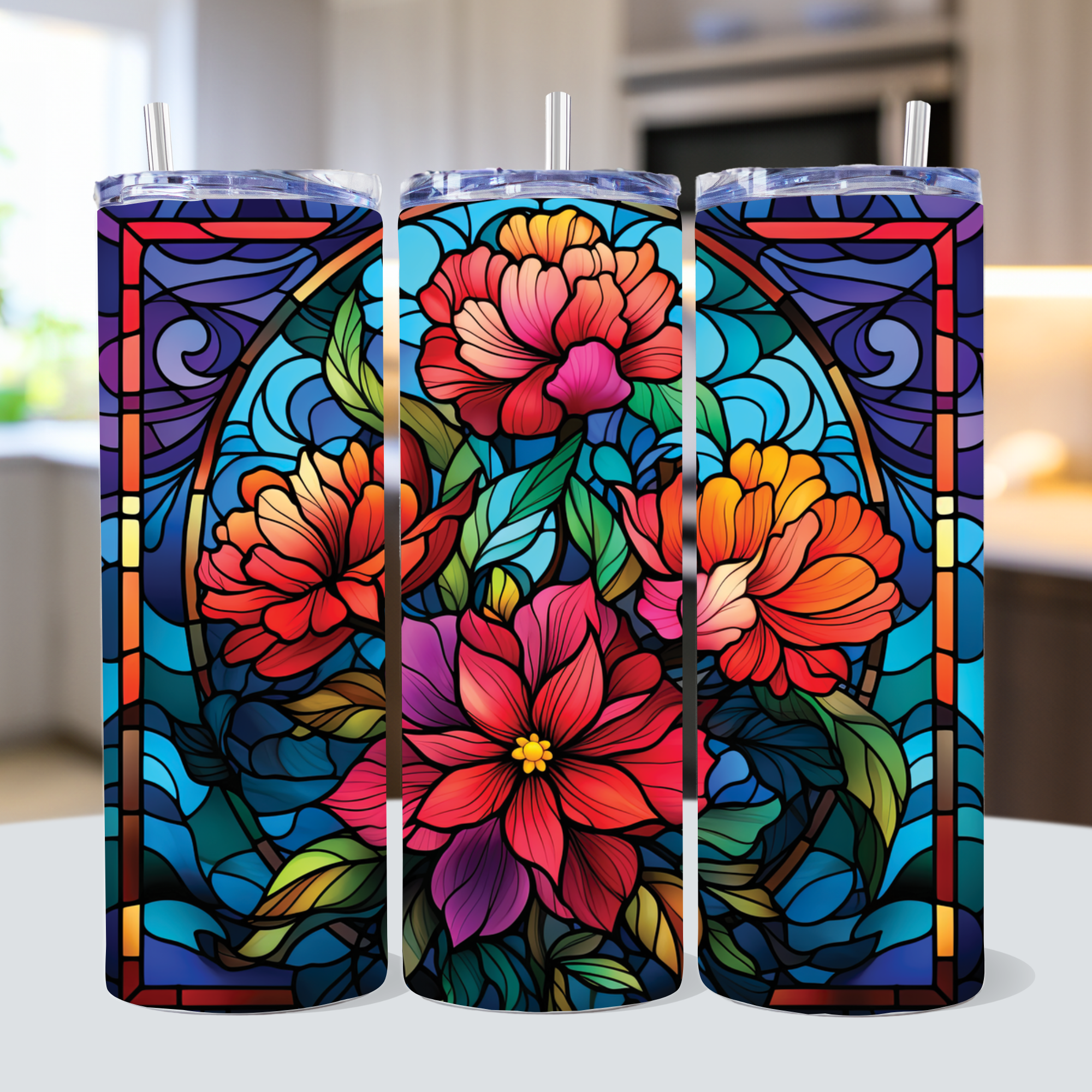 Stained Glass Flowers 20 oz Tumbler Sublimation Bundle PNG