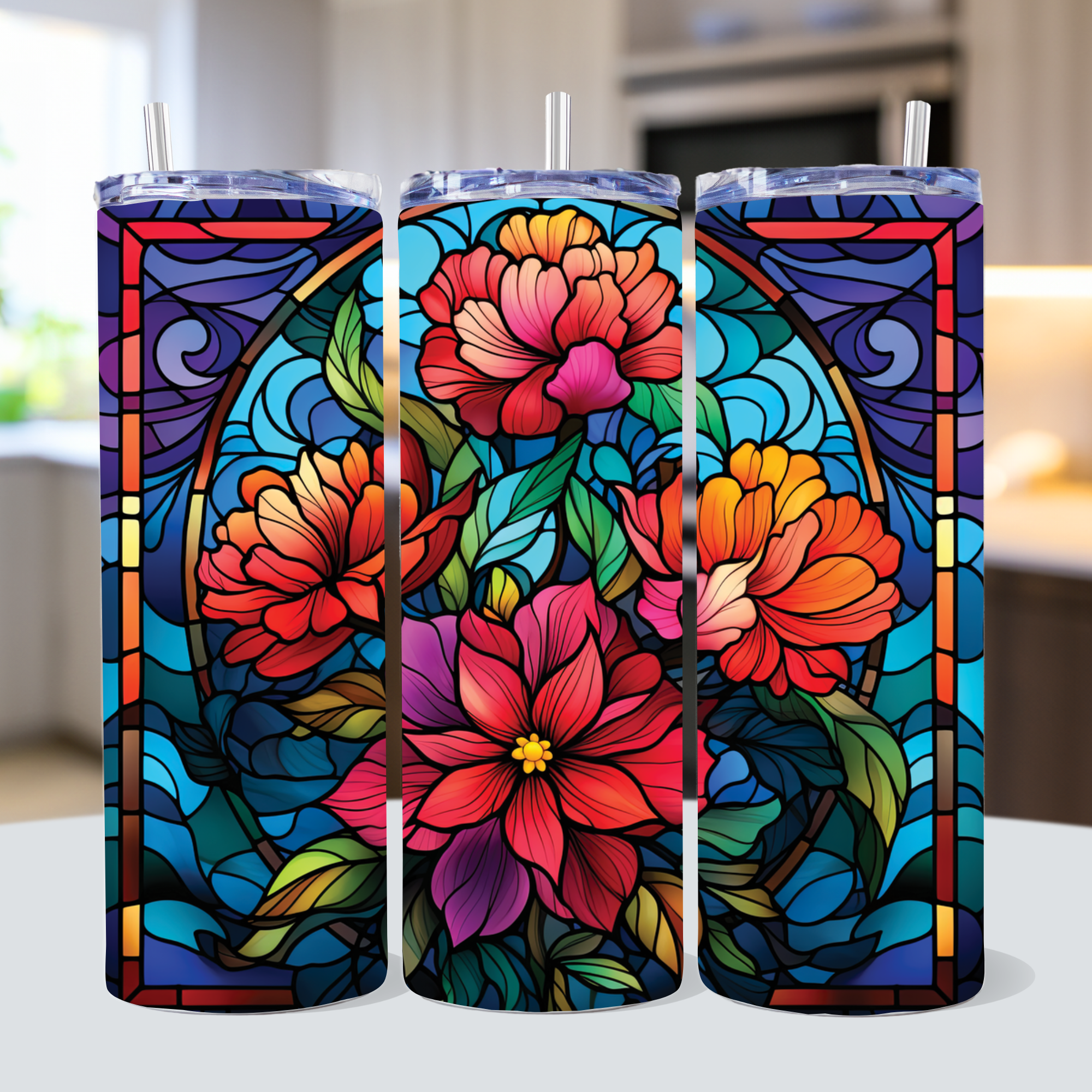 Stained Glass Flowers 20 oz Tumbler Sublimation Bundle PNG - Craft House SVG