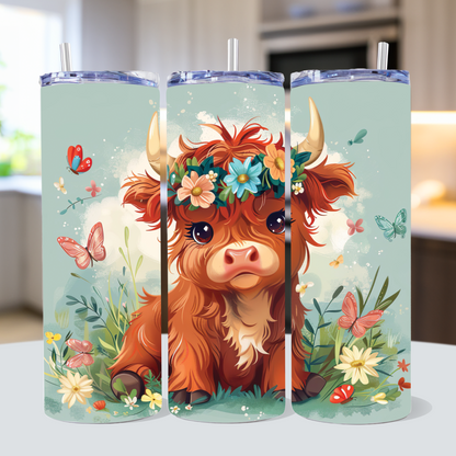 Floral Highland Cow 20 oz Tumbler Sublimation Bundle PNG