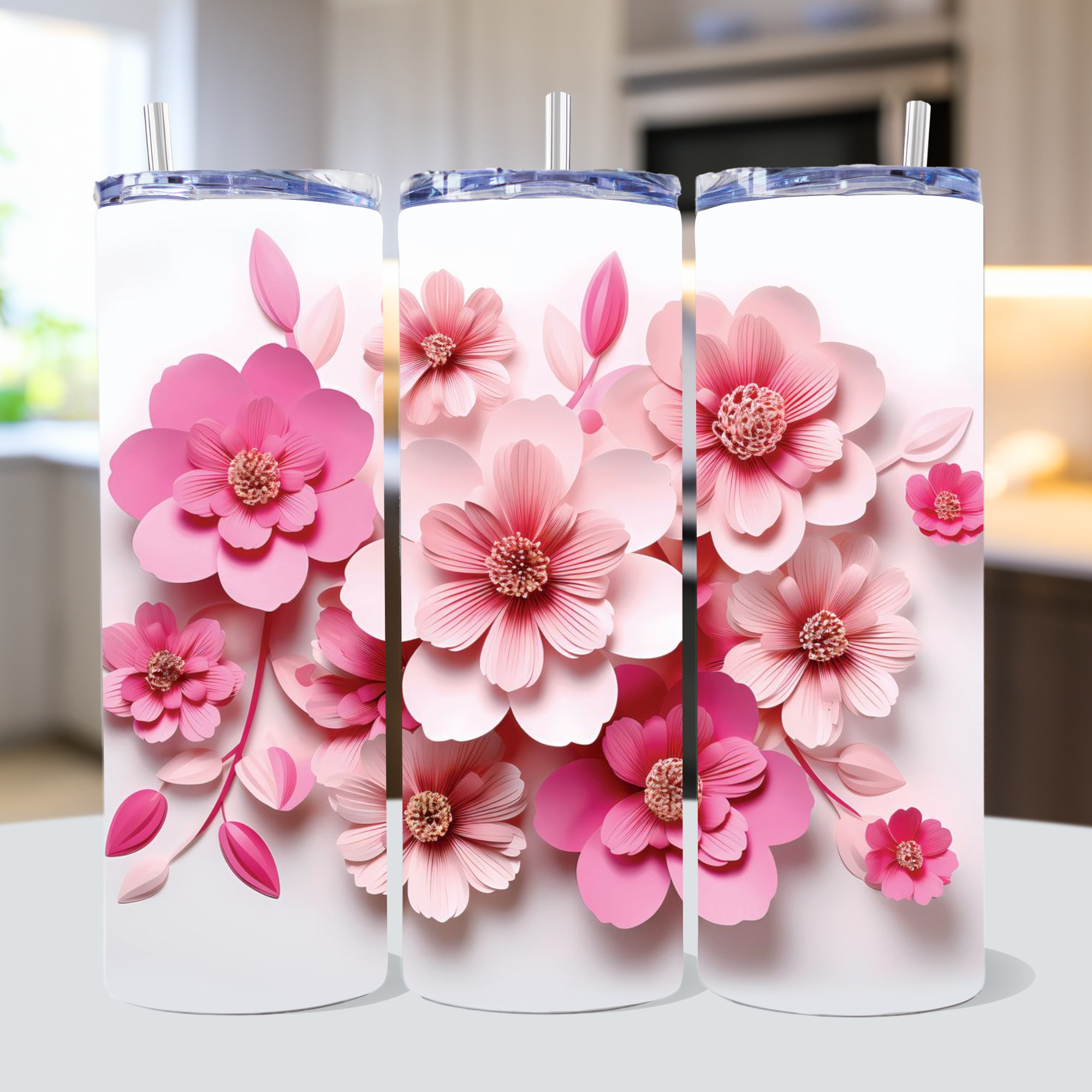 3D Pink Flowers Tumbler Wrap Bundle Sublimation Designs JPG