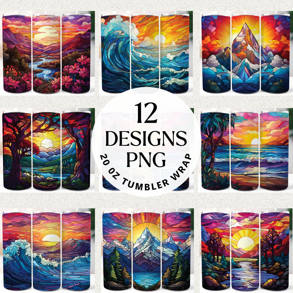 Stained glass landscape 20 oz tumbler wrap bundle with 12 PNG designs featuring mountains, ocean waves, trees, and sunset scenes