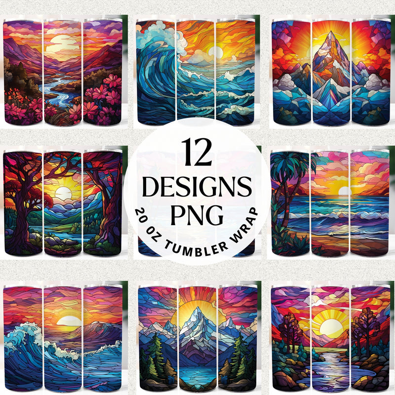 Stained Glass Landscape 20 oz Tumbler Wraps PNG Bundle