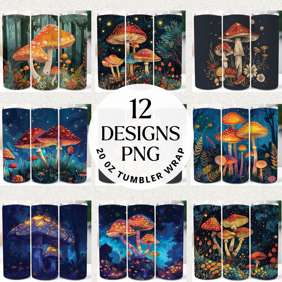 Mushroom 20 oz tumbler wrap PNG bundle with 12 whimsical forest toadstool designs in starry night and woodland scenes