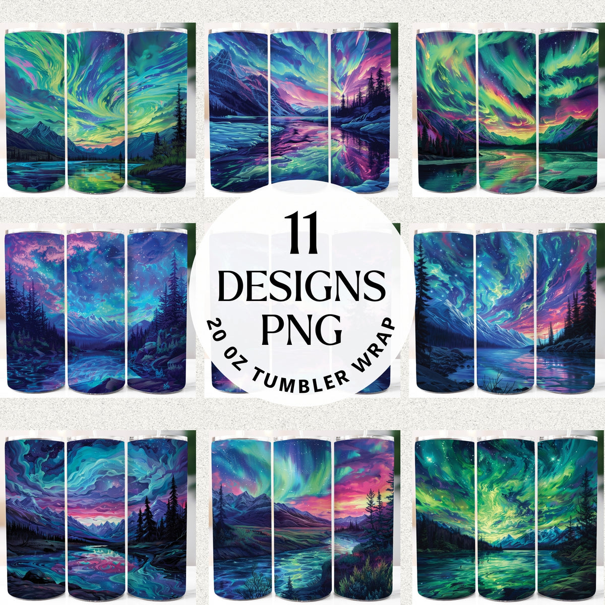 Preview of 11 northern lights landscape 20 oz tumbler wrap PNG designs for sublimation