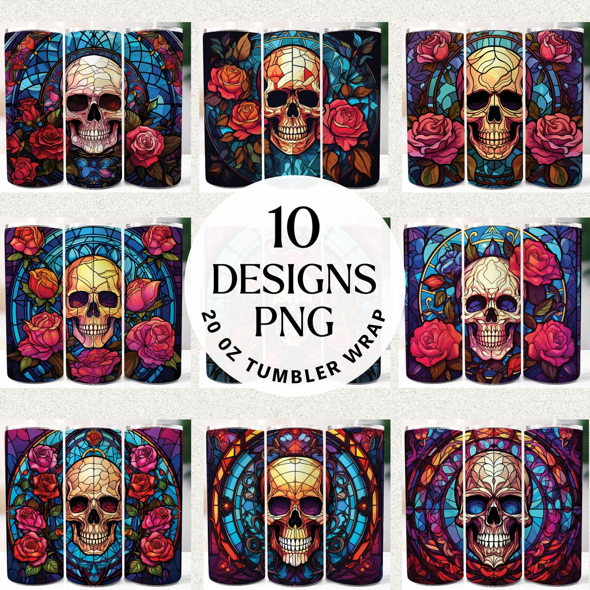 Stained glass skull and roses 20 oz tumbler wrap PNG bundle with 10 designs shown in a grid