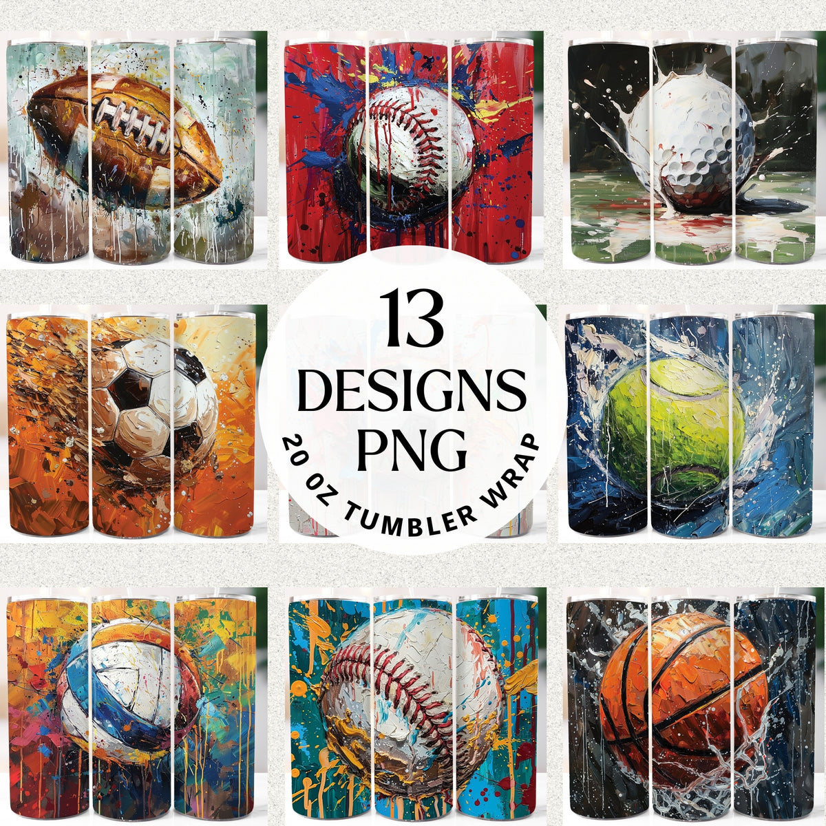 Sports 20 oz tumbler wrap sublimation PNG bundle preview featuring 13 painterly ball designs: baseball, football, basketball, soccer, golf, tennis, volleyball.