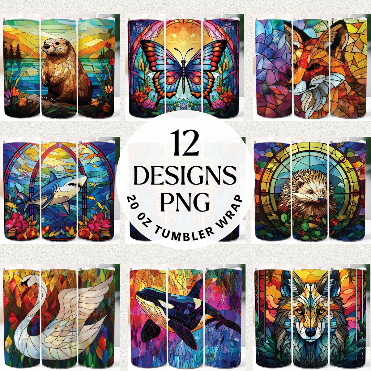 Stained glass animal 20 oz tumbler wrap PNG bundle with 12 designs including butterfly, fox, otter, shark, swan, orca, wolf and hedgehog