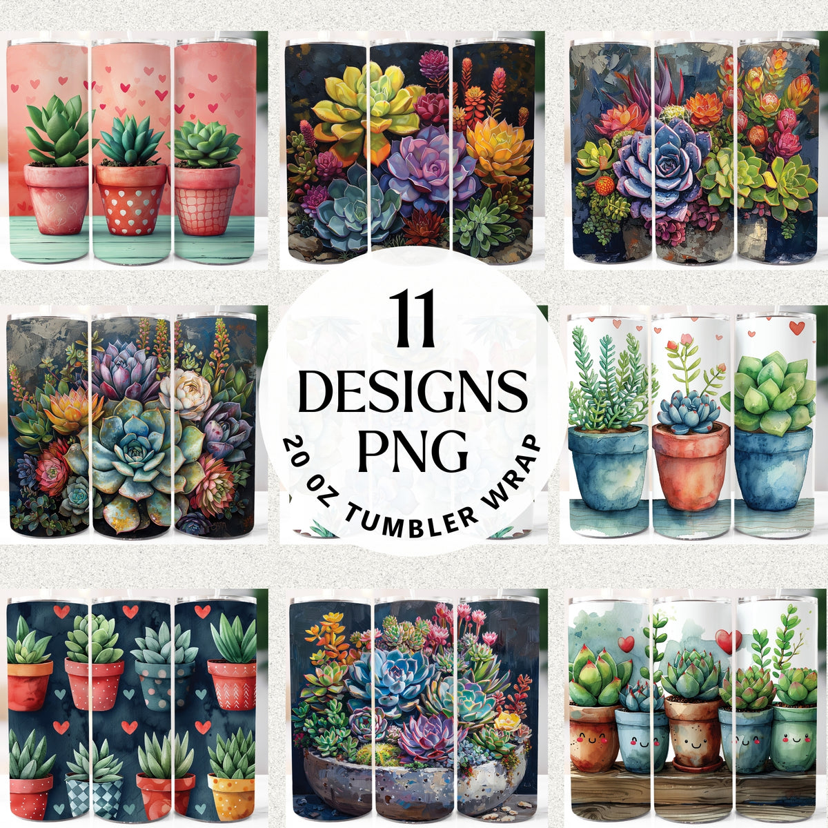 Succulent 20 oz tumbler wrap sublimation PNG bundle with 11 watercolor potted succulent designs