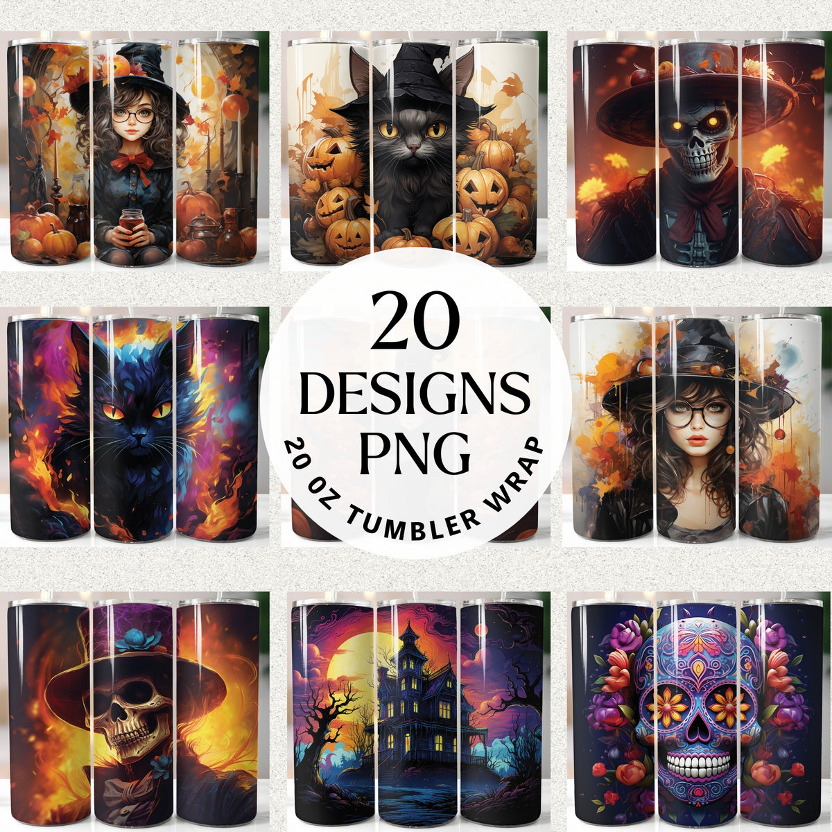 Halloween tumbler wrap bundle with 20 PNG designs for 20oz tumblers featuring witches, black cats, pumpkins, skulls, a haunted house, and a sugar skull