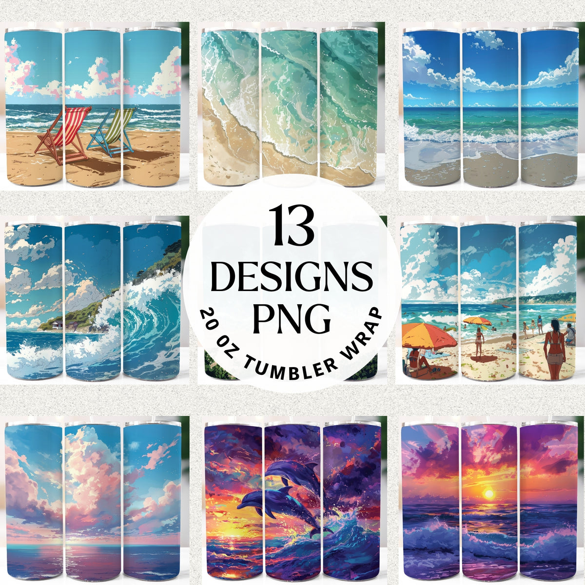Beach and ocean 20 oz tumbler wrap sublimation PNG bundle featuring 13 designs with waves, shoreline, sunsets, deck chairs, umbrellas, and dolphins.