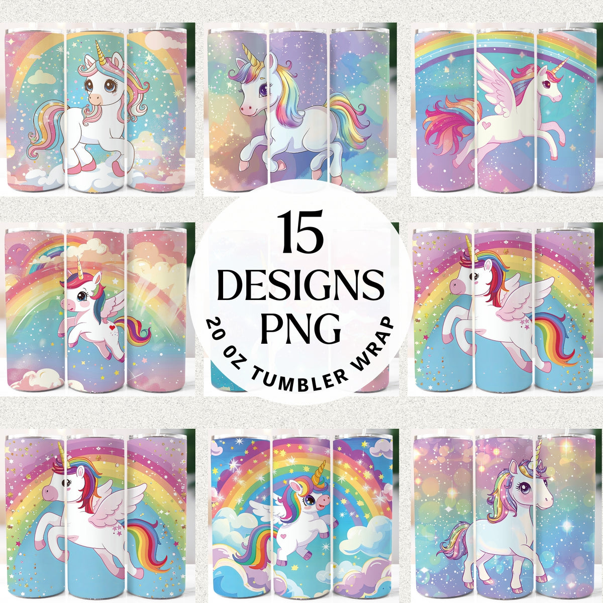 Unicorn 20 oz tumbler wrap sublimation PNG bundle with 15 pastel rainbow unicorn designs on starry backgrounds
