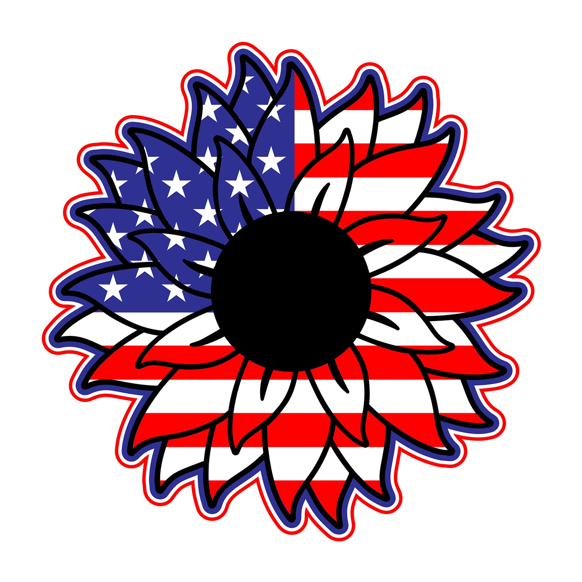 3D Sunflower American Flag SVG design for Cricut, Silhouette, laser cutting, vinyl, sublimation, patriotic crafts, and 4th of July projects.
