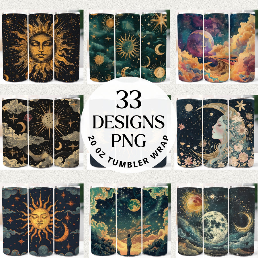 Collage preview of celestial 20 oz tumbler wrap sublimation PNG bundle with suns, moons, stars, galaxies, and vintage night sky art; 33 designs shown.