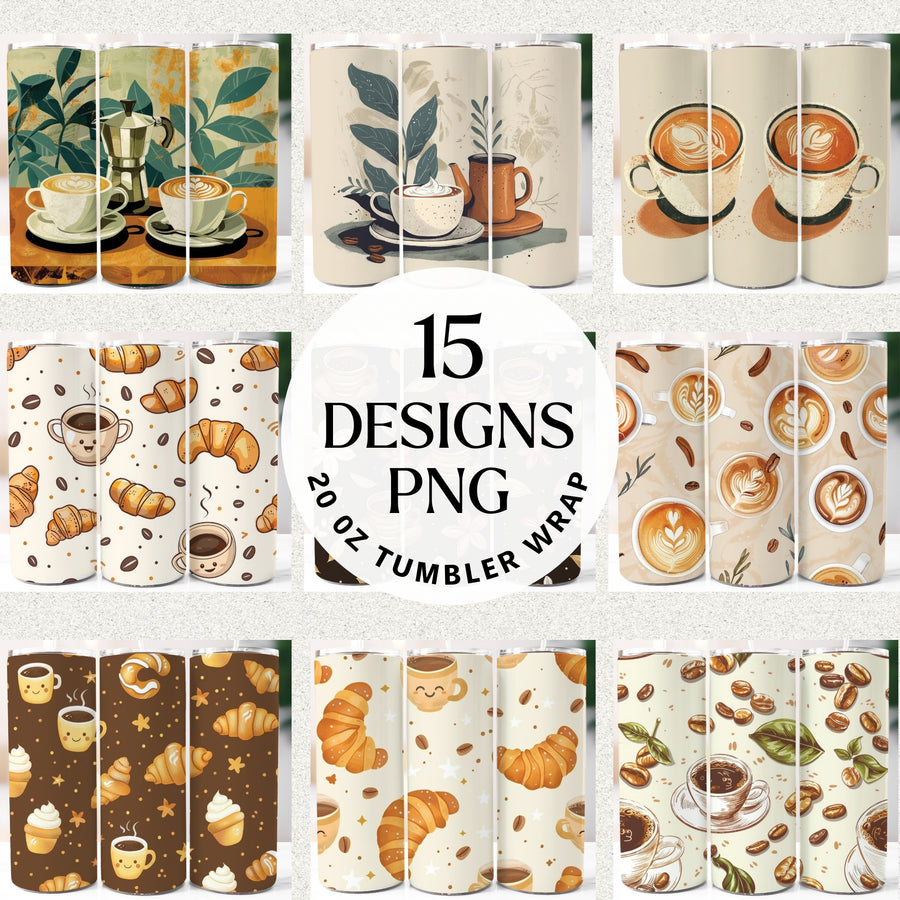 Coffee 20 oz tumbler wrap PNG bundle featuring 15 sublimation designs with latte art, beans, croissants, and mugs